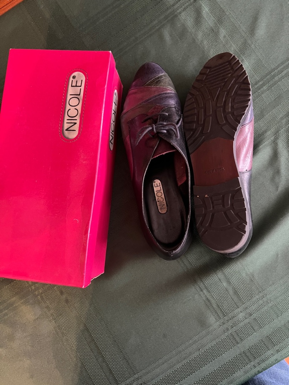 Nicole Leather Lace-Up Flats in Deep Plum and Black